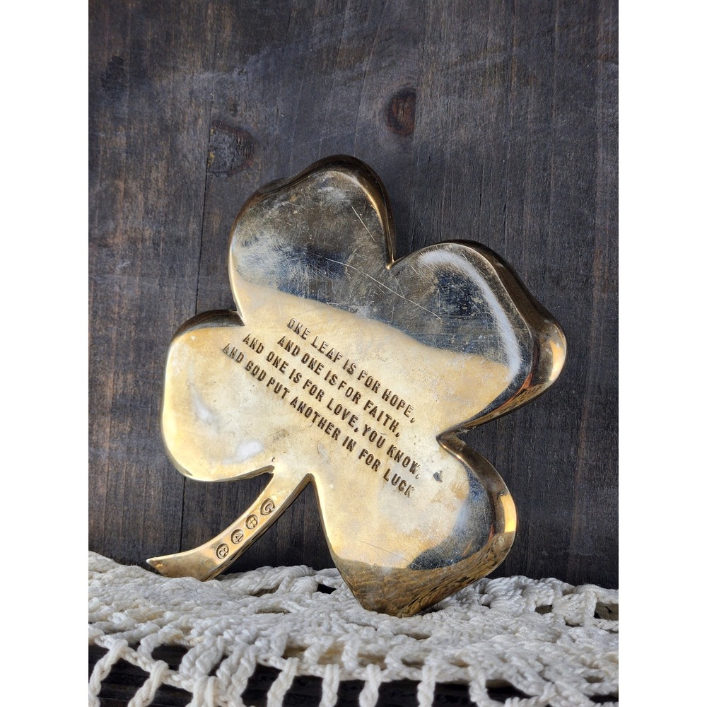 Vintage Brass Four Leaf Clover Paperweight Irish Blessing Trinket Dish 4.5"